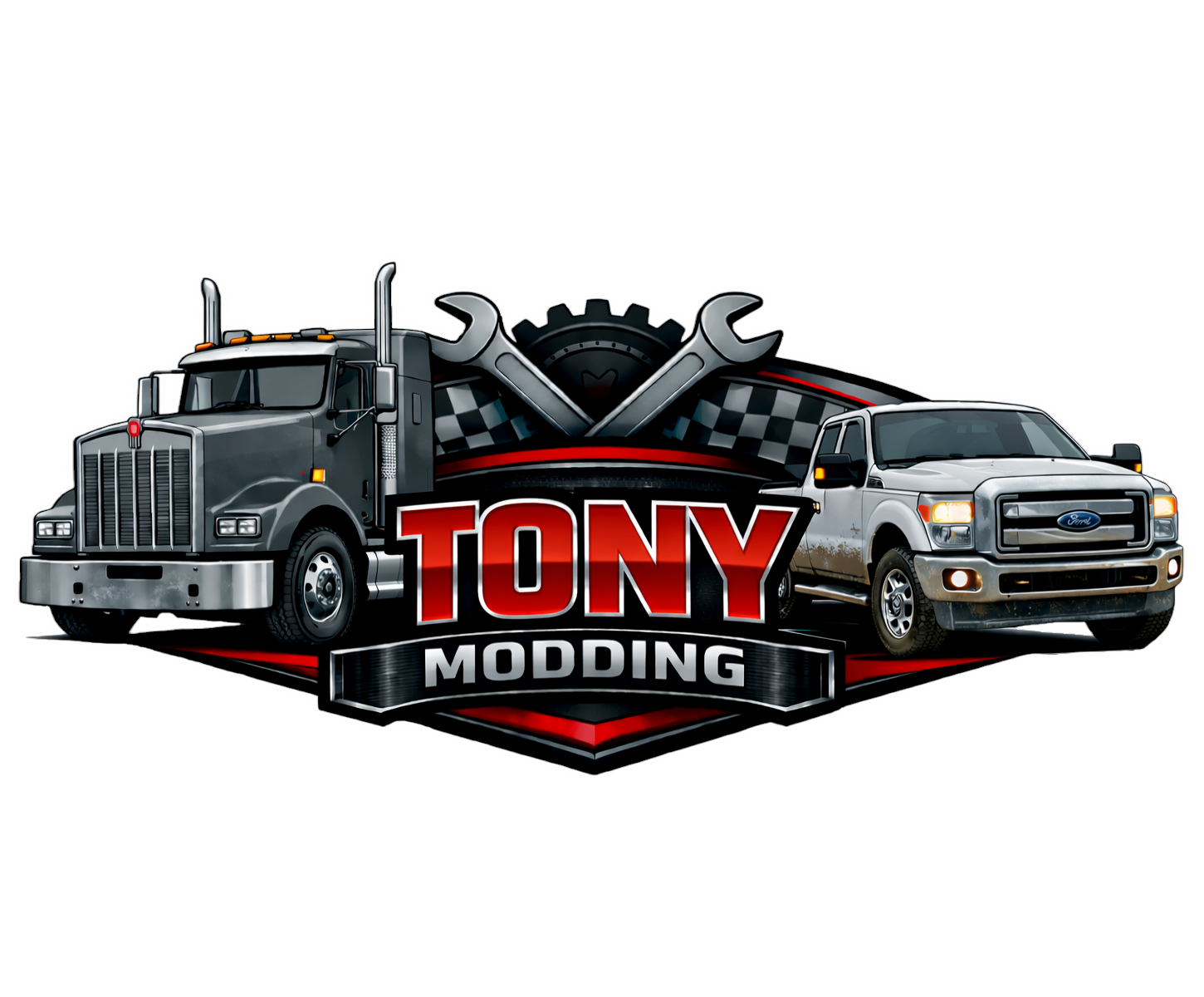 Graphic logo for Tony Modding featuring a large semi-truck on the left, a pickup truck on the right, a gear and wrench in the background, with bold red and black text reading "TONY MODDING."