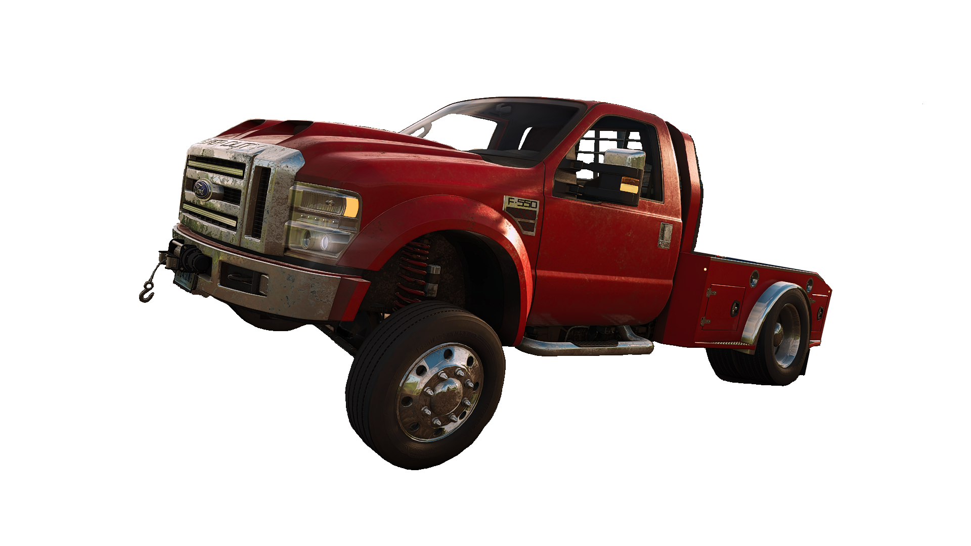 A red tow truck with a weathered appearance, large front grille, and extended side mirror, isolated on a black background.