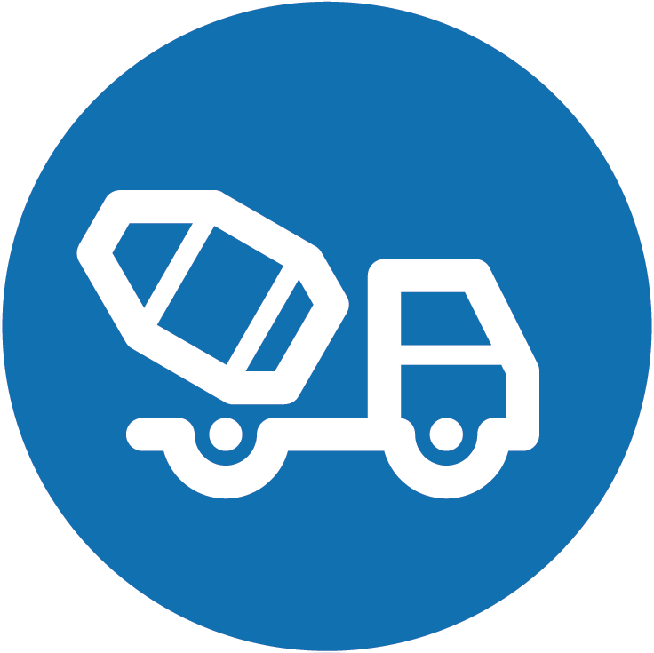 Icon of a cement mixer truck in white on a blue circular background.