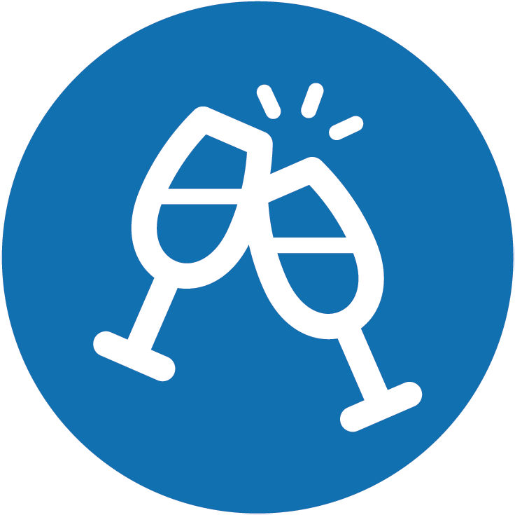 Two clinking champagne glasses in celebration, with sparks indicating a toast.