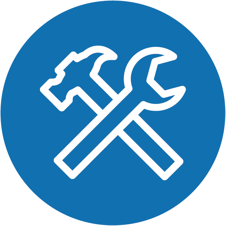 Icon of a hammer crossed with a wrench on a blue circular background.
