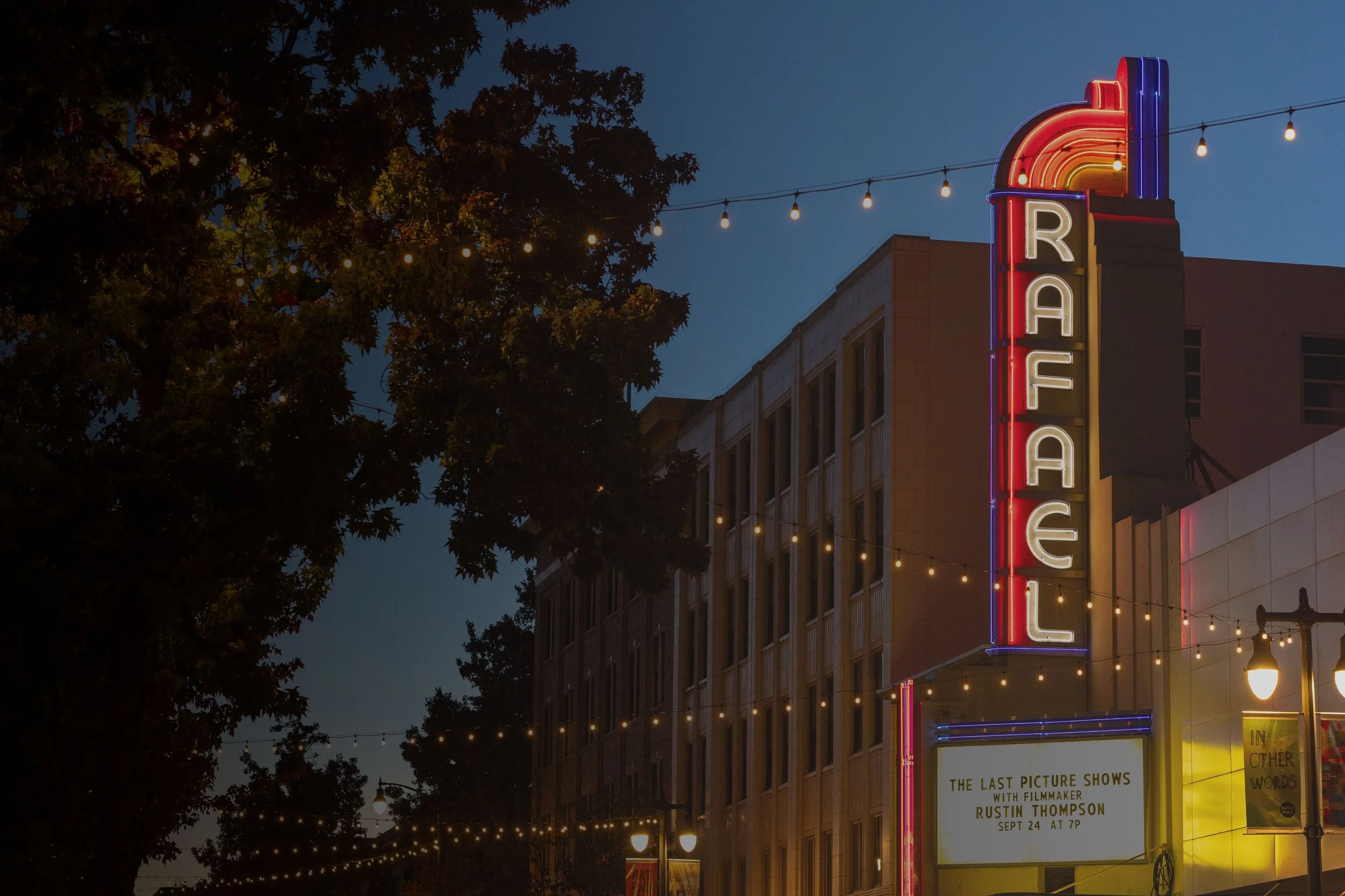 Nighttime street scene of downtown San Rafael