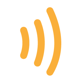 Icon of a signal or wifi with curved lines radiating outward in orange.