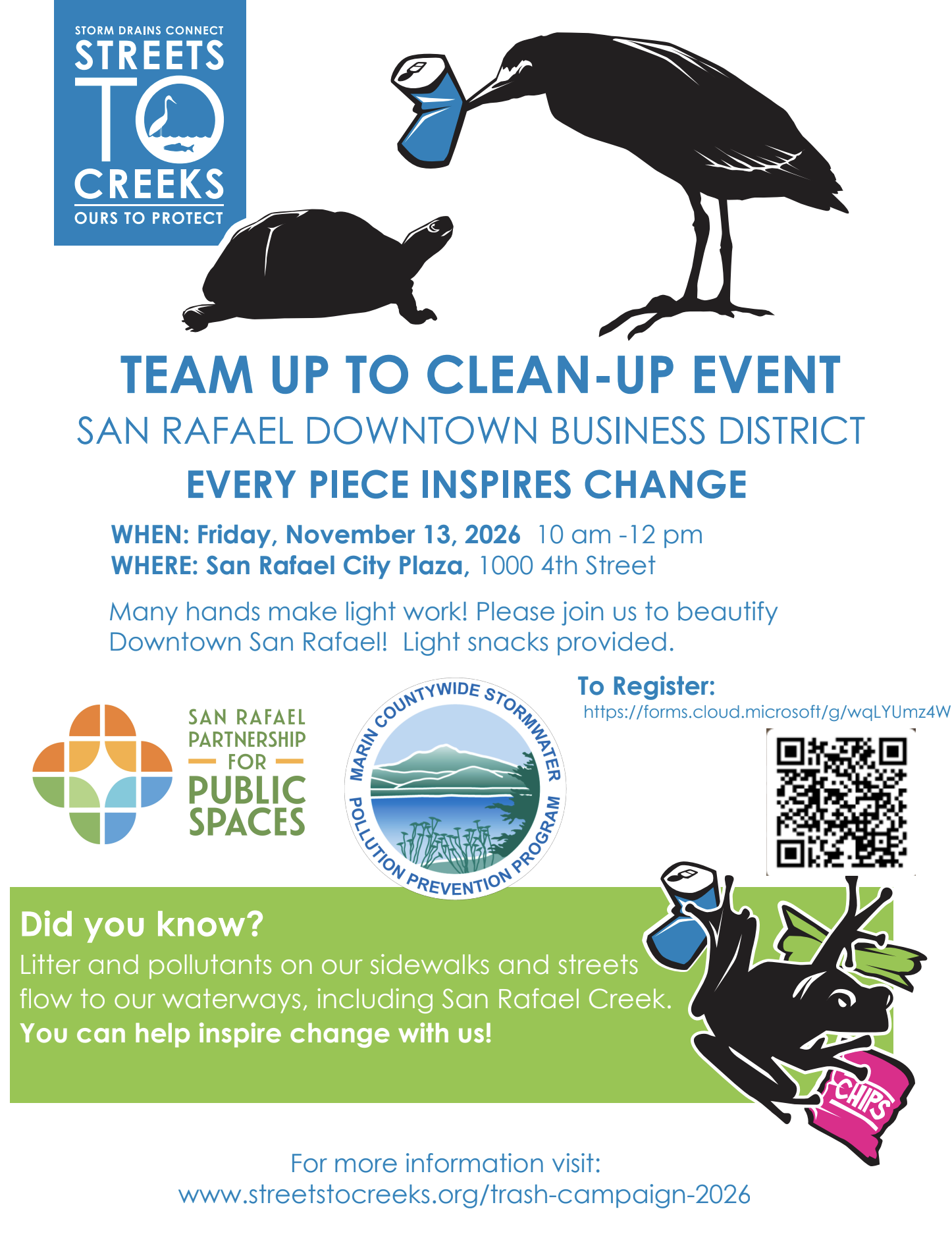 Flyer promoting a cleanup event in San Rafael Downtown Business District on November 13, 2026, with images of a bird holding a trash bag, a turtle, and a bird, and logos of local organizations participating in the event.