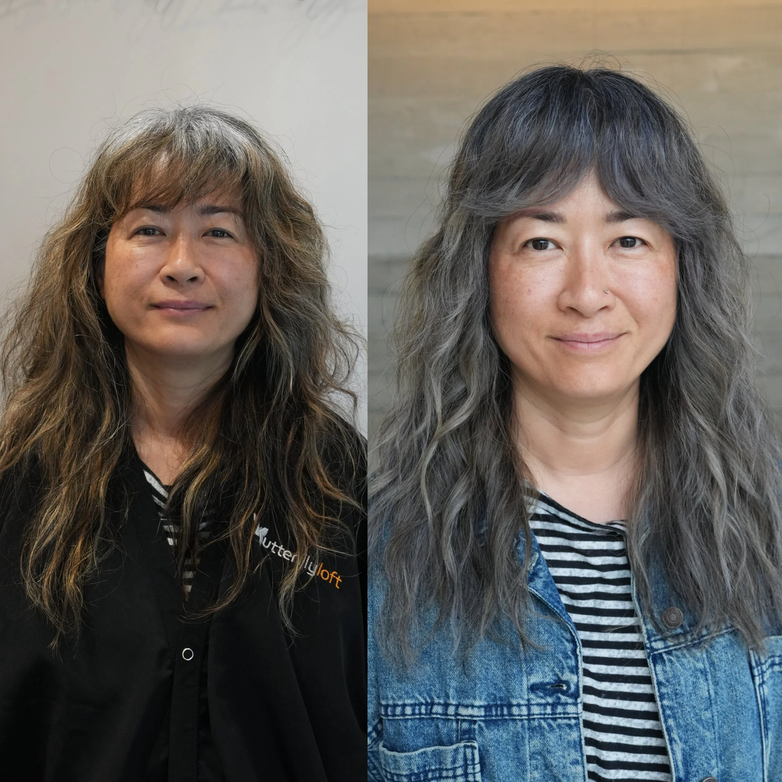 Grey blending before and after on dark hair by Los Angeles grey blending specialist Lauryn Lee
