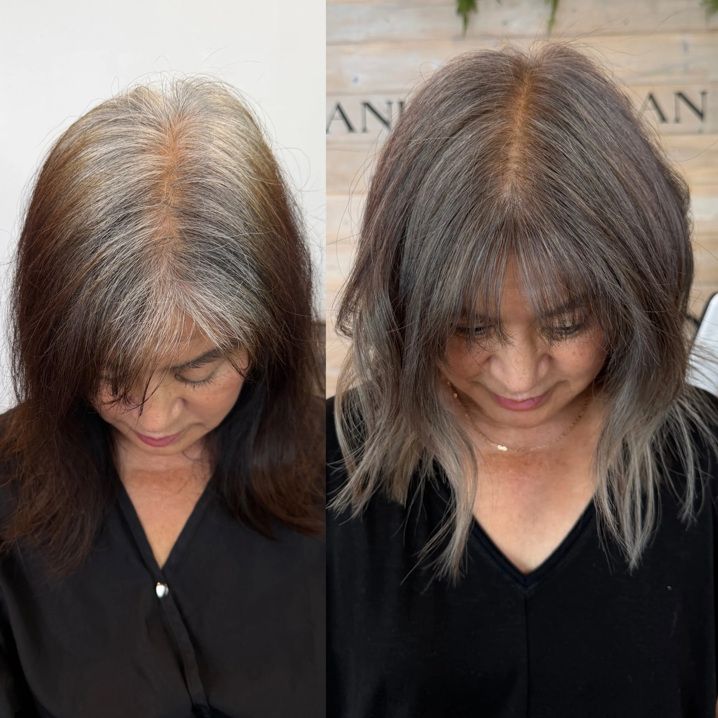 Grey blending before and after on naturally grey hair with dimensional lowlights by Lauryn Lee in Los Angeles