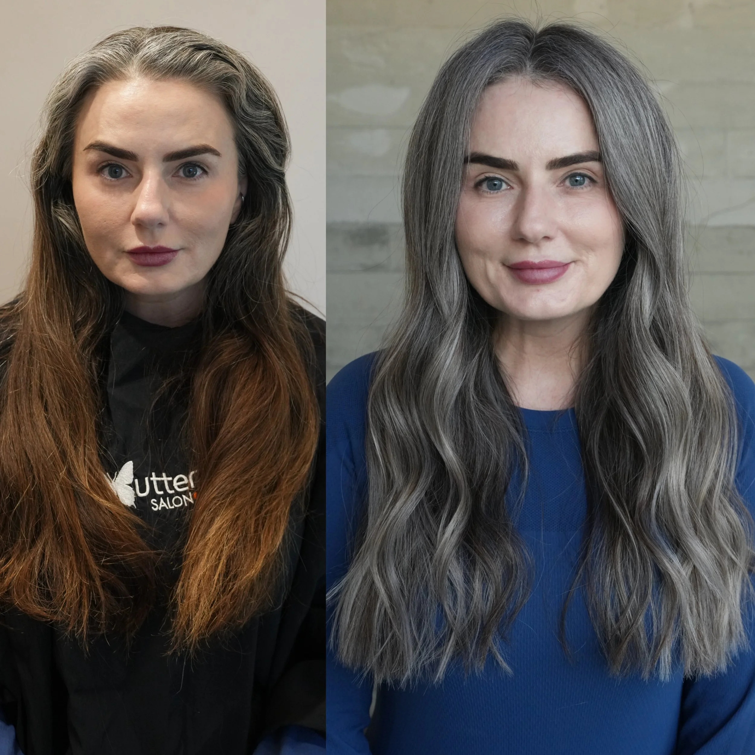 Brunette to grey blending before and after by Los Angeles grey blending specialist Lauryn Lee