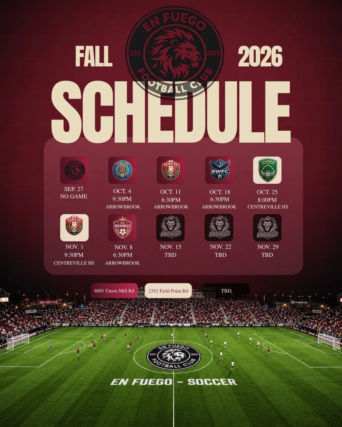 🚨 THE WAIT IS OVER. 🚨

THE FULL FALL SCHEDULE IS HERE! 🍂⚽️🔥

The dates are set. The matchups are locked in. Now it&rsquo;s time to SHOW UP. 👀

Get your calendars ready and come rock with us all Fall long as we take the field, compete, and give i
