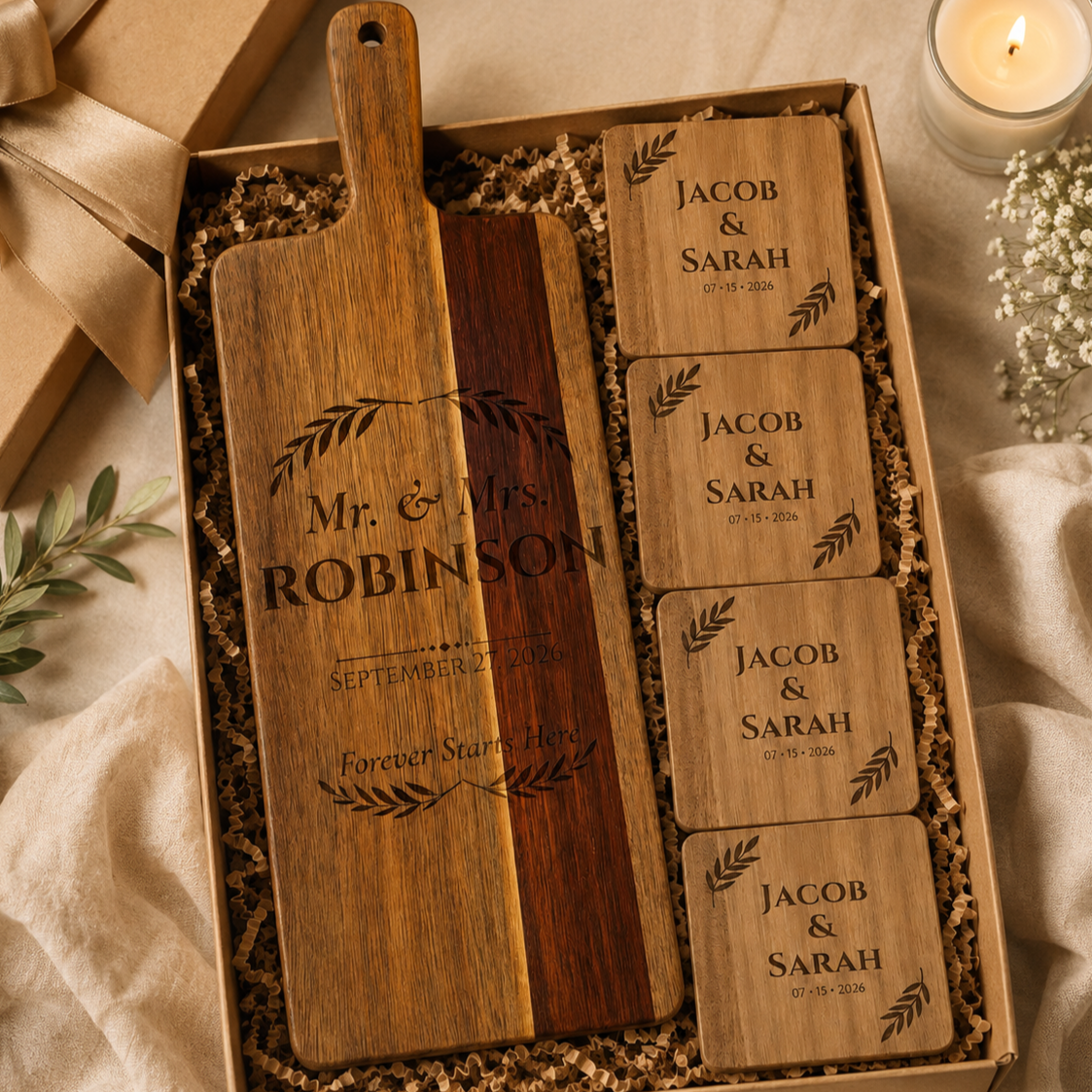 Personalized wedding cutting board and matching engraved wooden coasters arranged together as a custom gift set.