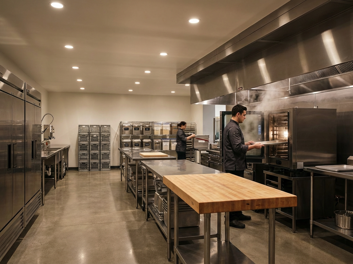 A commercial kitchen with stainless steel appliances, a large oven with steam, and two chefs working, one removing a tray from the oven and the other near shelves with storage containers.