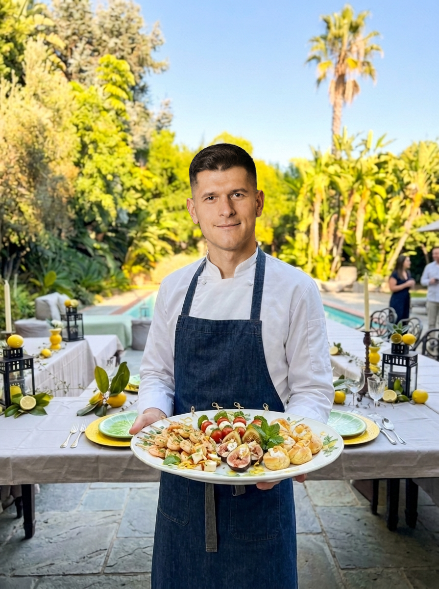 A man in a chef coat and apron holding a platter of assorted appetizers outdoors, with a table set for a celebration in the background, featuring yellow lemons, green foliage, and decorative lanterns.