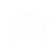 Line drawing of a multi-story building with trees on either side, enclosed in a decorative border.