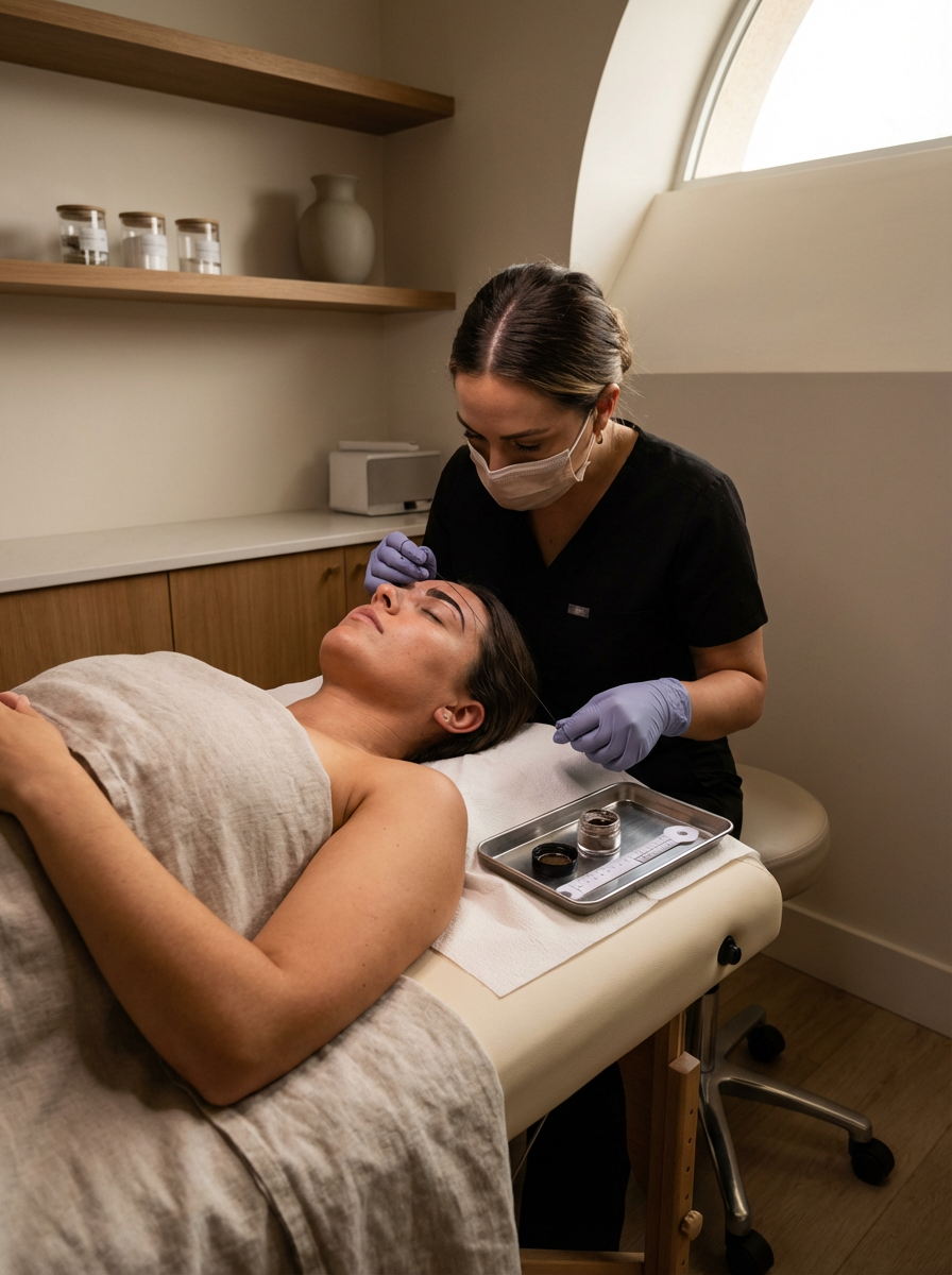 A woman lying on a treatment bed receiving a cosmetic procedure from a professional wearing gloves, a face mask, and black scrubs in a clinic.