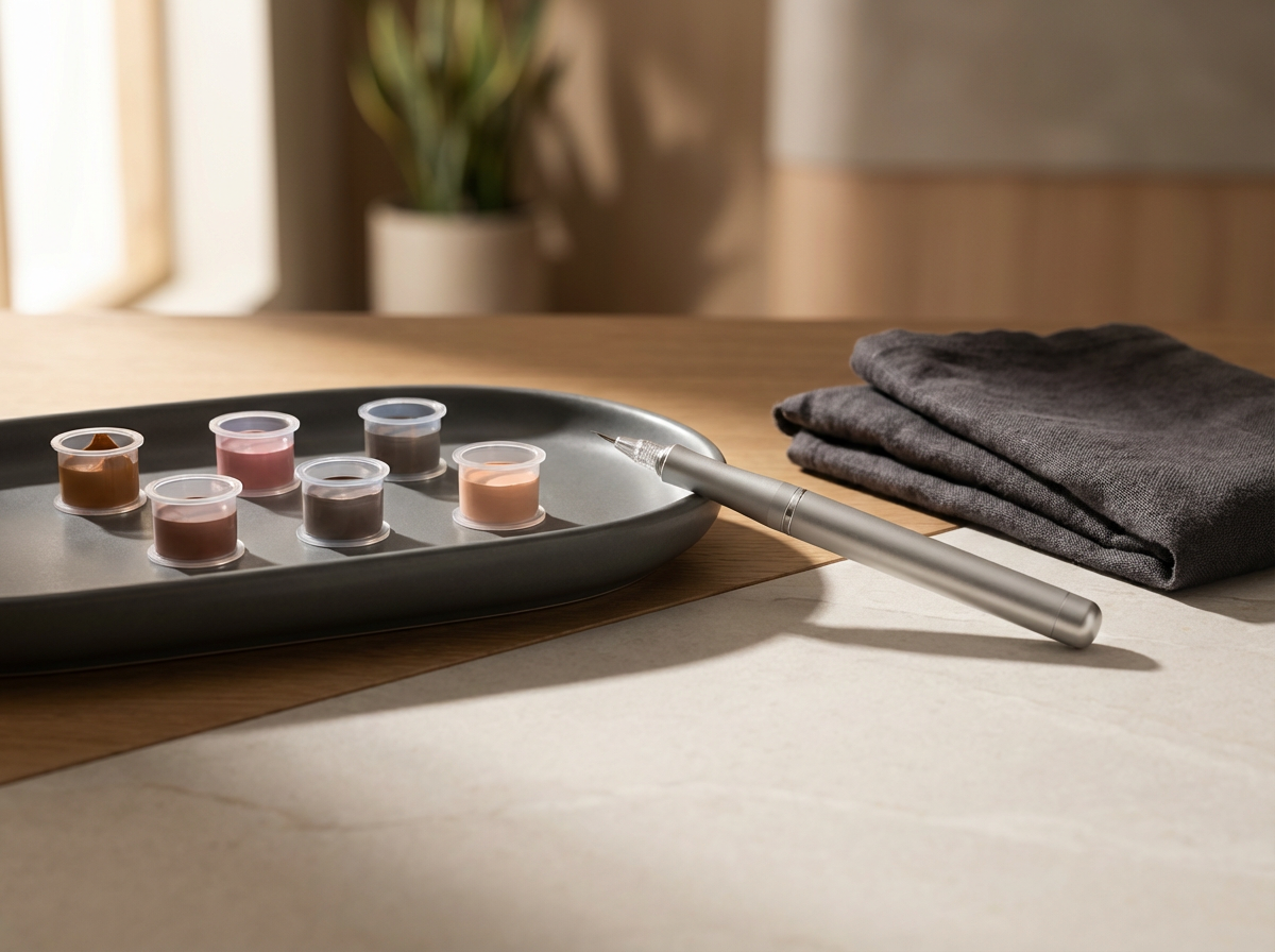 A gray tray with several small containers of different shades of paint or ink, a silver pen, and a folded gray cloth on a wooden surface.
