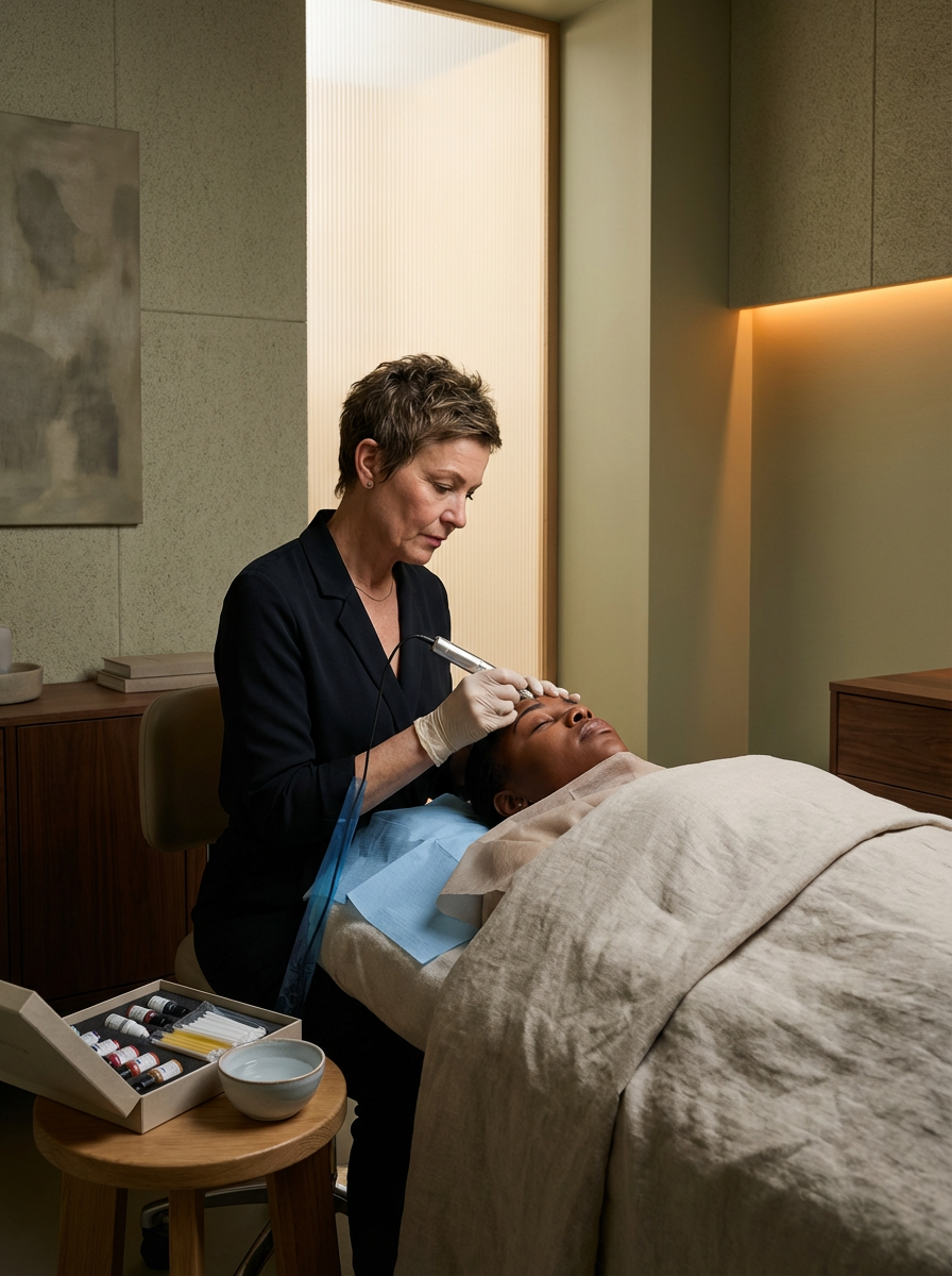A woman performing a cosmetic procedure on a woman lying in bed, with skincare products at her side.
