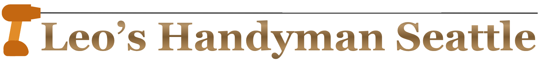 A logo with the text "Leo's Handyman Seattle" and a graphic of a hammer on the left side.