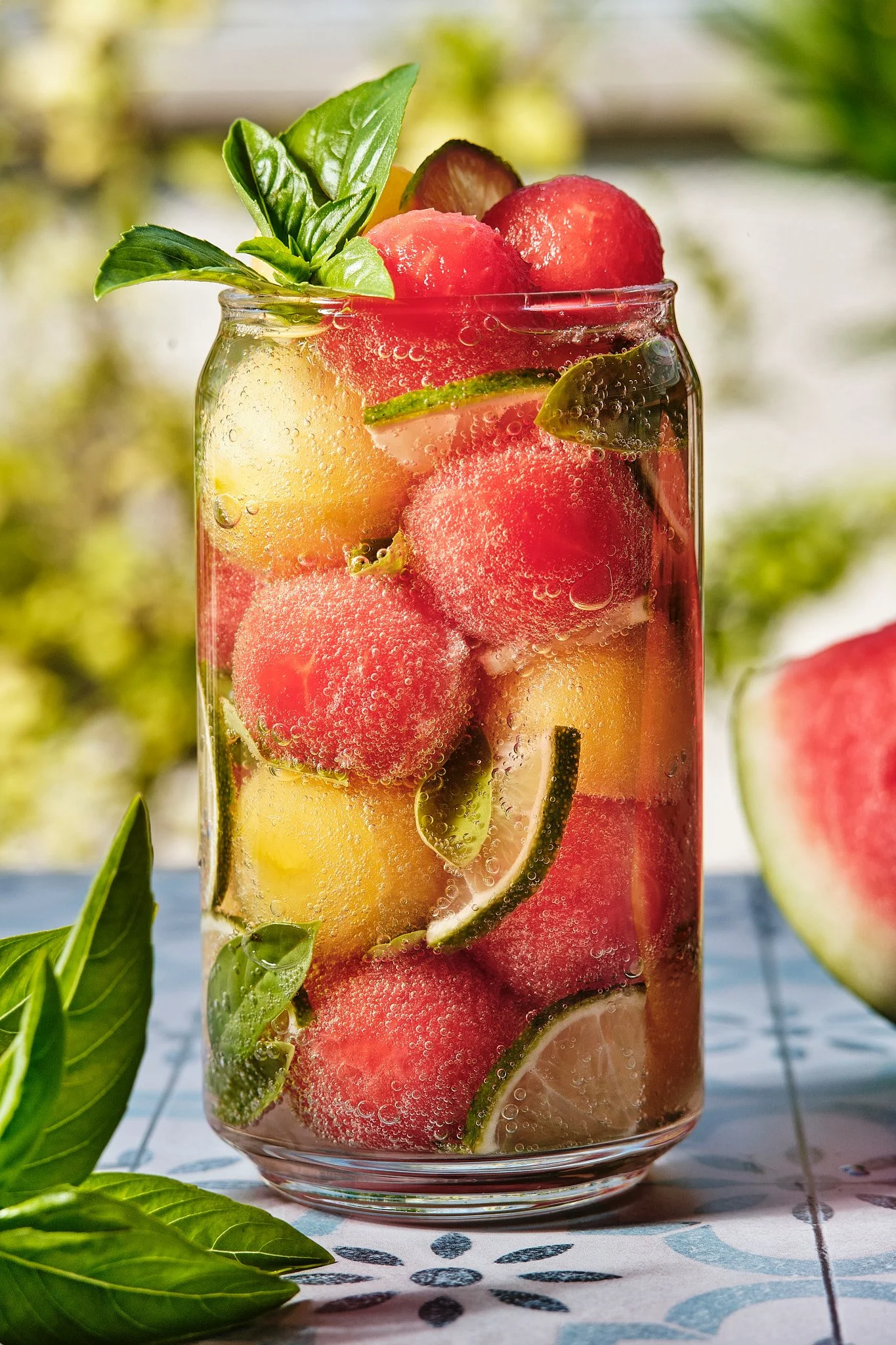 Commercial beverage photography and drink styling featuring watermelon, lime and fresh basil, created for beverage brands, summer campaigns and advertising content