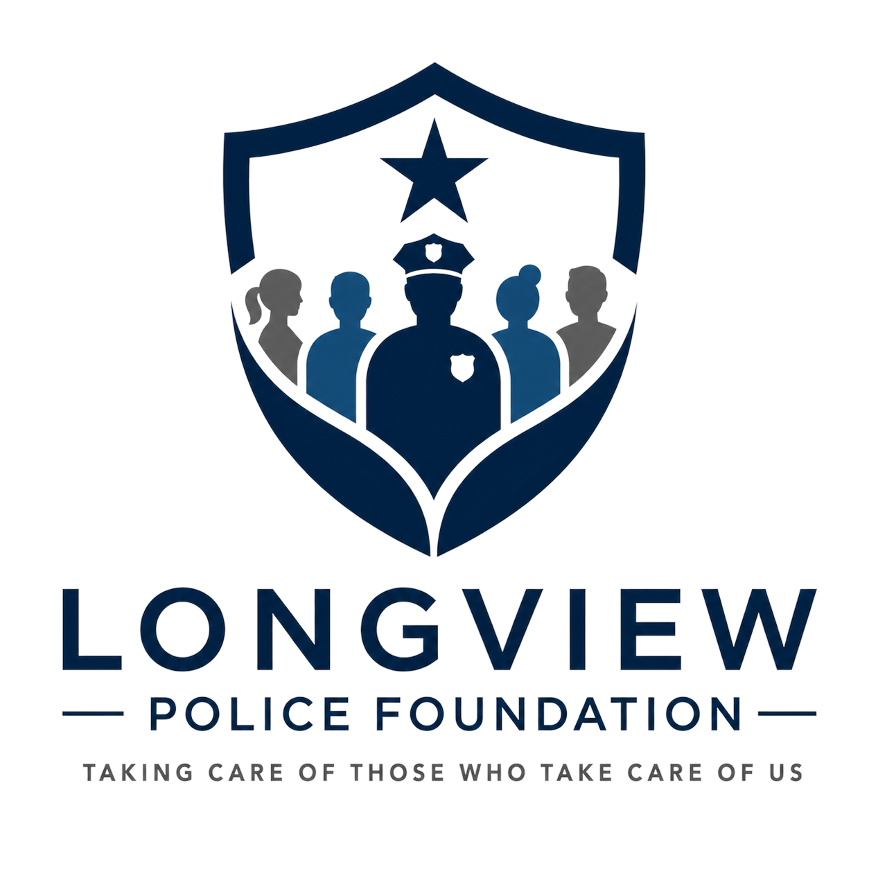 Logo for Long View Police Foundation featuring a shield with silhouettes of police officers inside and a star at the top, with the tagline "Taking Care of Those Who Take Care of Us."