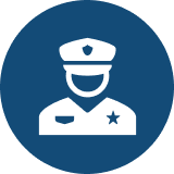 Icon of a police officer with a badge on the uniform, smiling face, in a blue circle background.