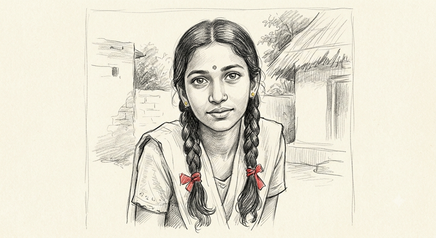 A pencil sketch of a young girl with braided hair, wearing earrings and a traditional outfit, outdoors with trees and houses in the background.