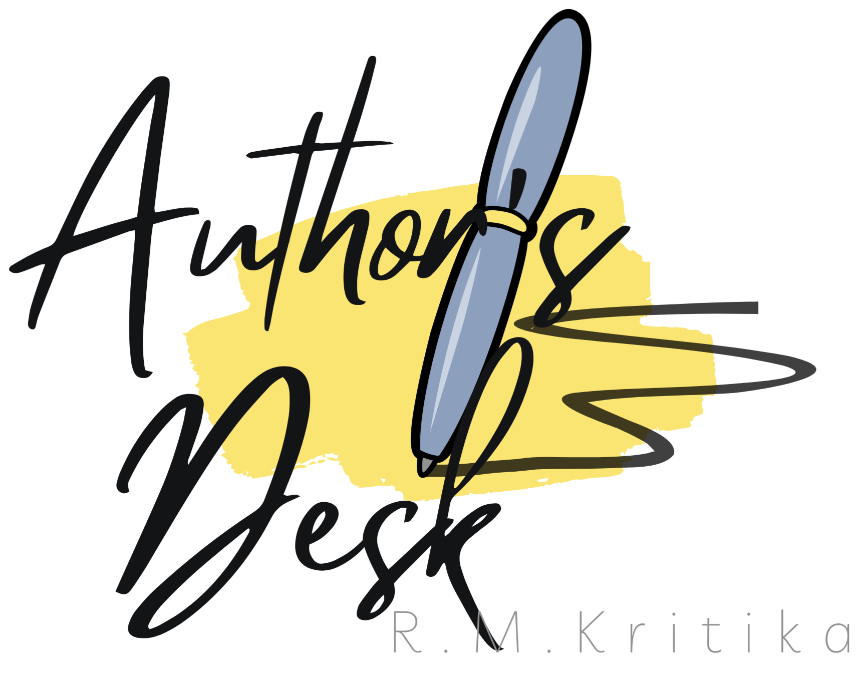 A logo for 'Author's Desk' featuring black handwritten-style text, a blue pen illustration, and a yellow paint splash background, with the author's name 'R.M. Kritika' underneath.