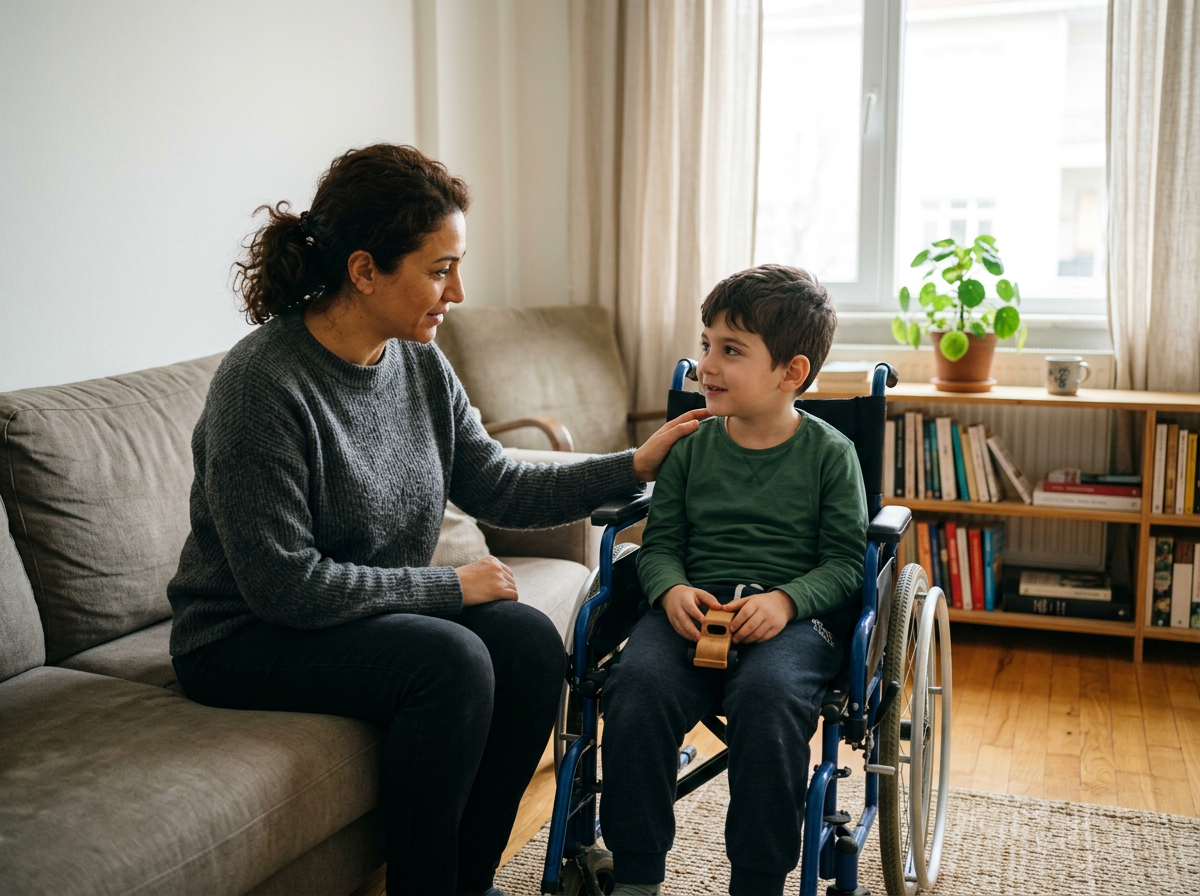 Eine Frau sitzt auf einer Couch und spricht mit einem Jungen im Rollstuhl, der ein Spielzeug in der Hand hält, in einem Wohnzimmer mit Bücherregal und Pflanze im Hintergrund.