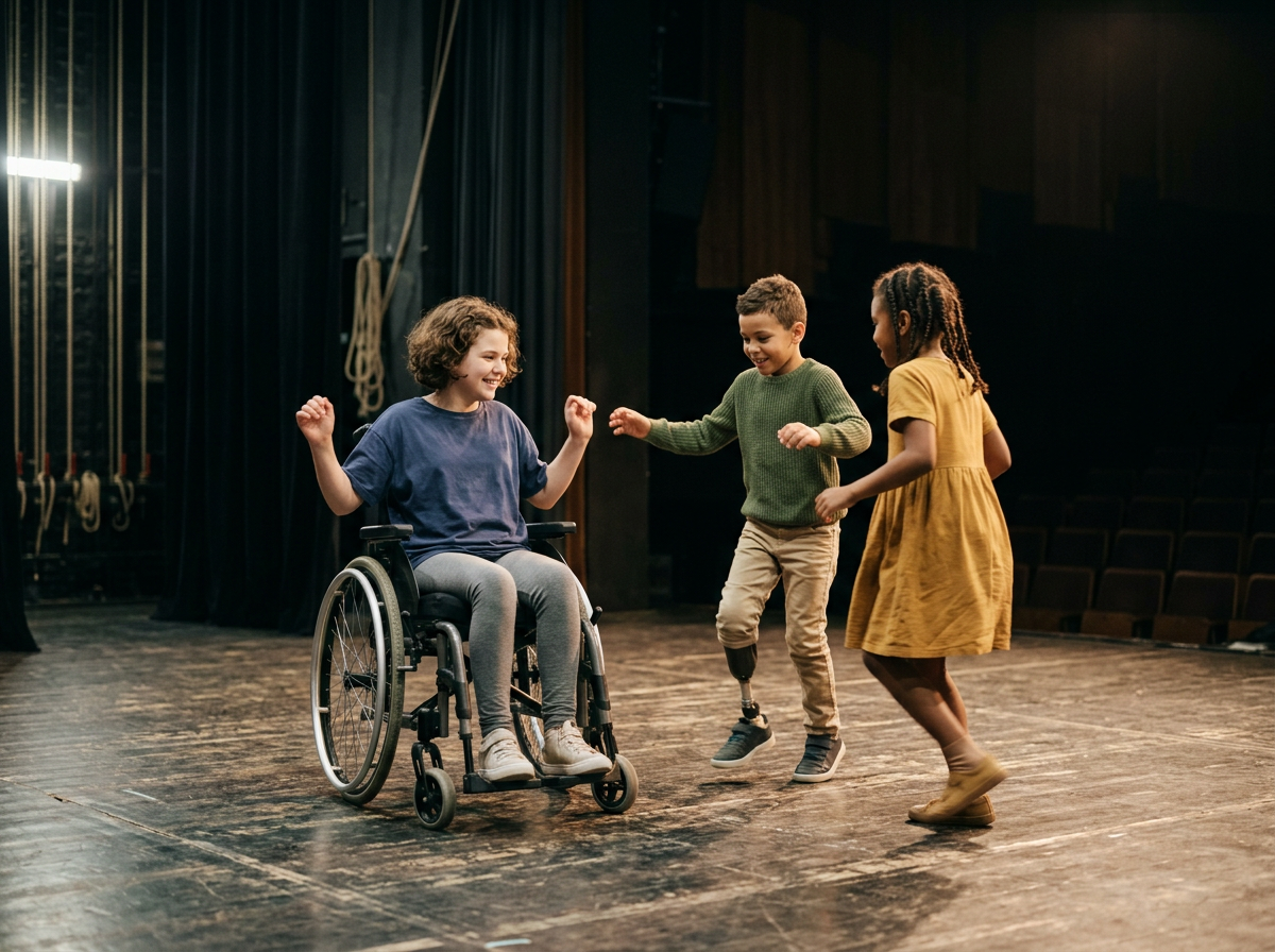 Drei Kinder, eines im Rollstuhl, tanzen und lachen auf einer Theaterbühne.