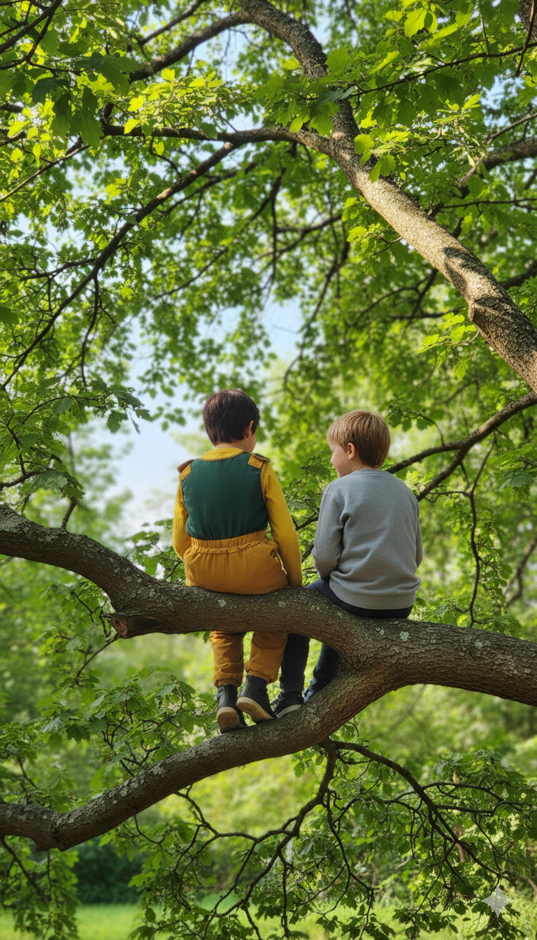 Zwei Jungen sitzen auf einem Baum im grünen Wald, sprechen miteinander und genießen die Natur.