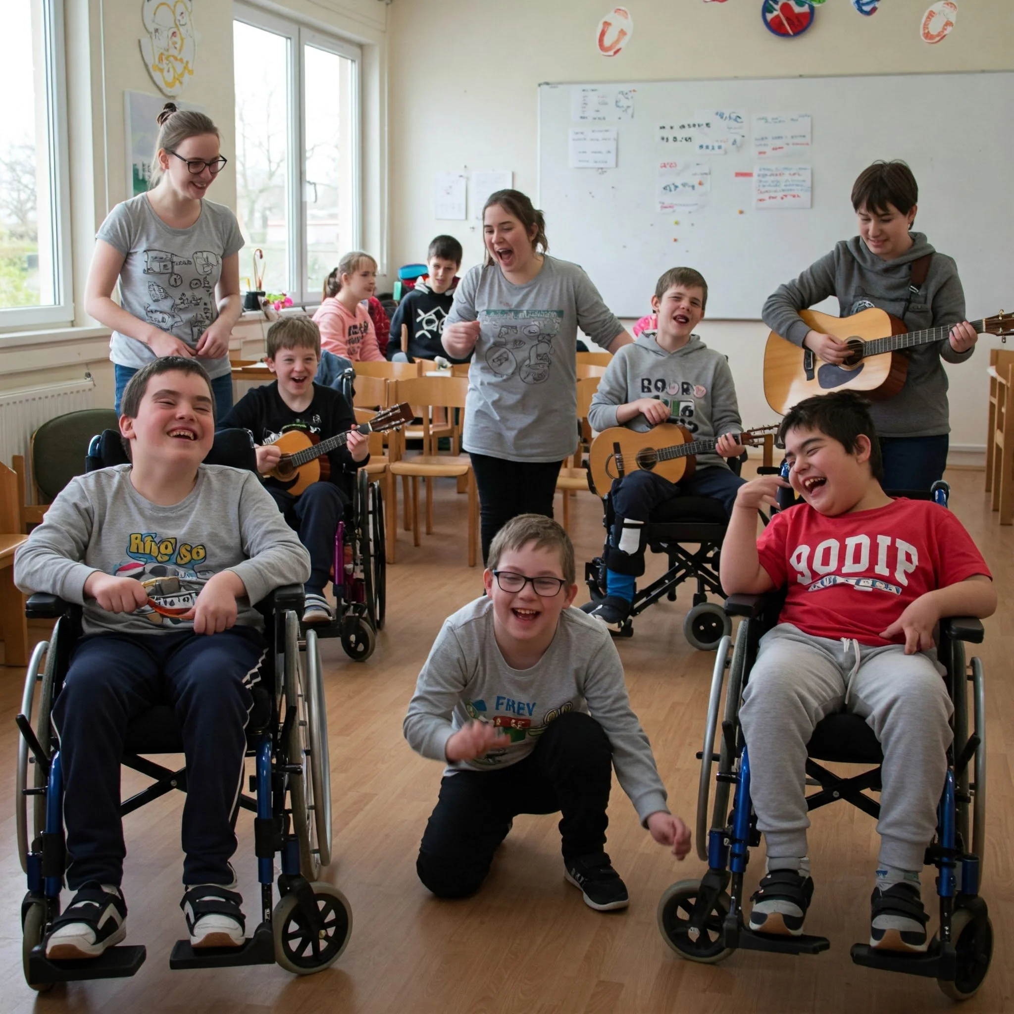 Eine Gruppe von fröhlichen Kindern, einige im Rollstuhl, singt und spielt Gitarre in einem Klassenzimmer.