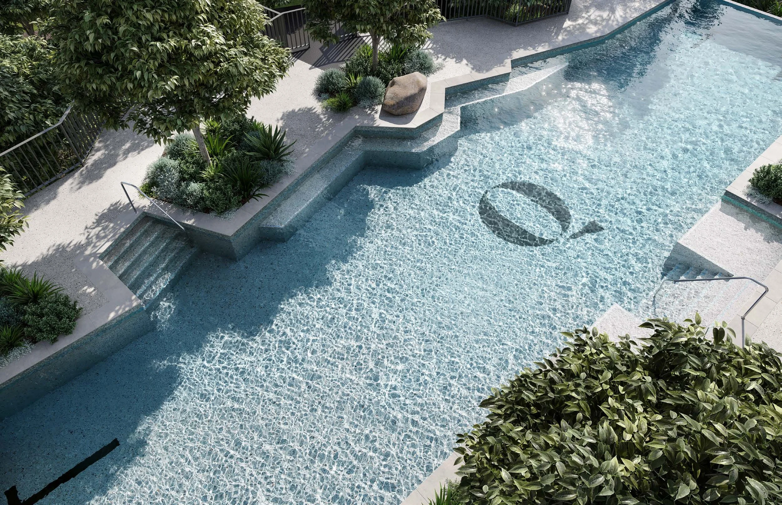 The Quarry aerial pool with Q logo