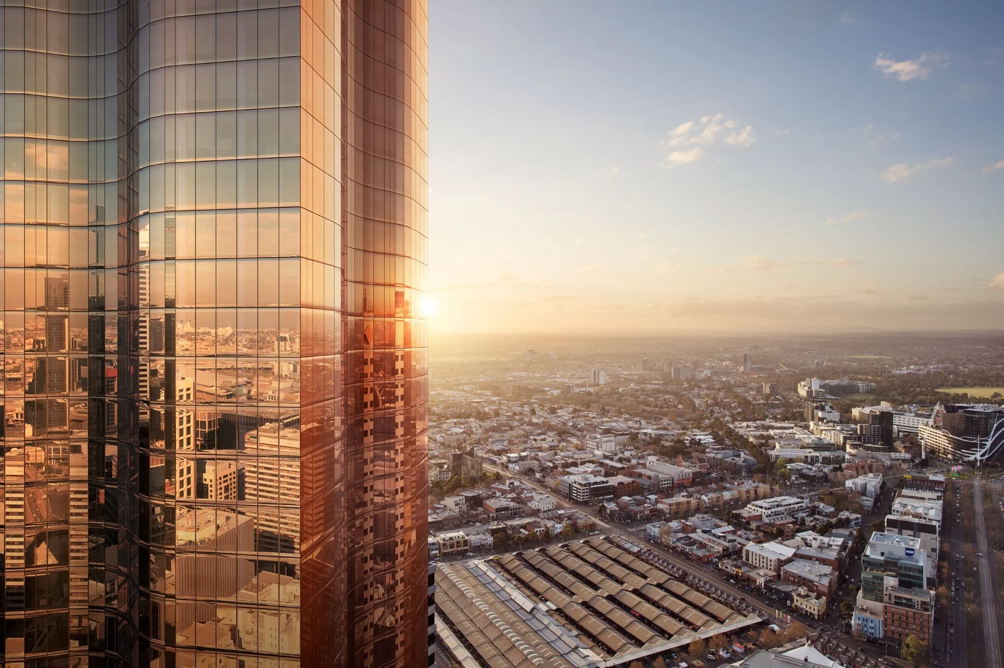 UNO Melbourne building facade at sunset