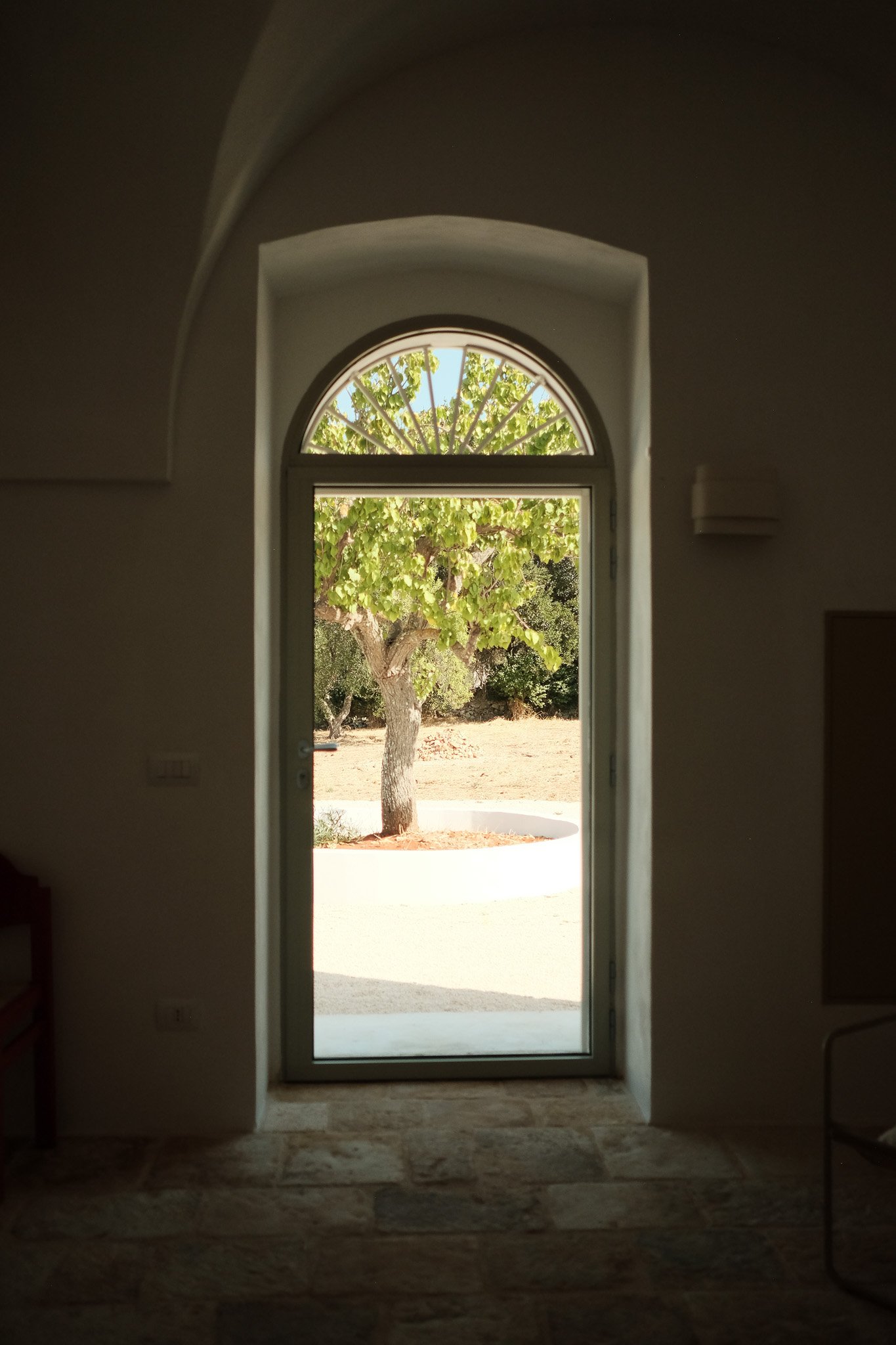 View of a front door with a semi-circular window above, leading to a yard with a tree and clear sky outside.