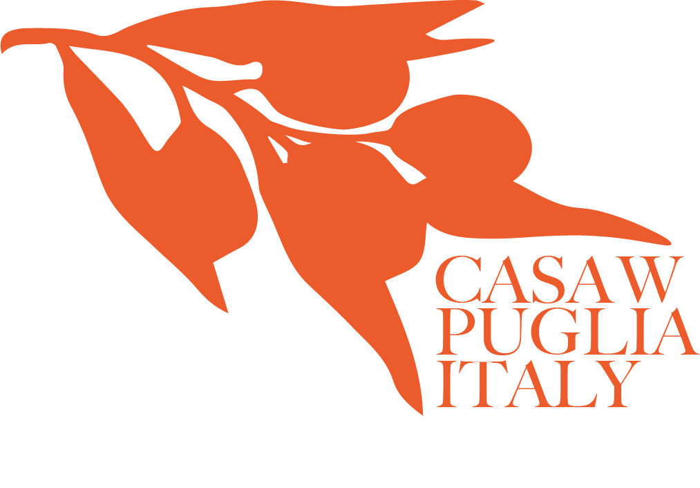 Orange graphic of a branch with leaves and berries, alongside the text "Casa W Puglia Italy" in orange.