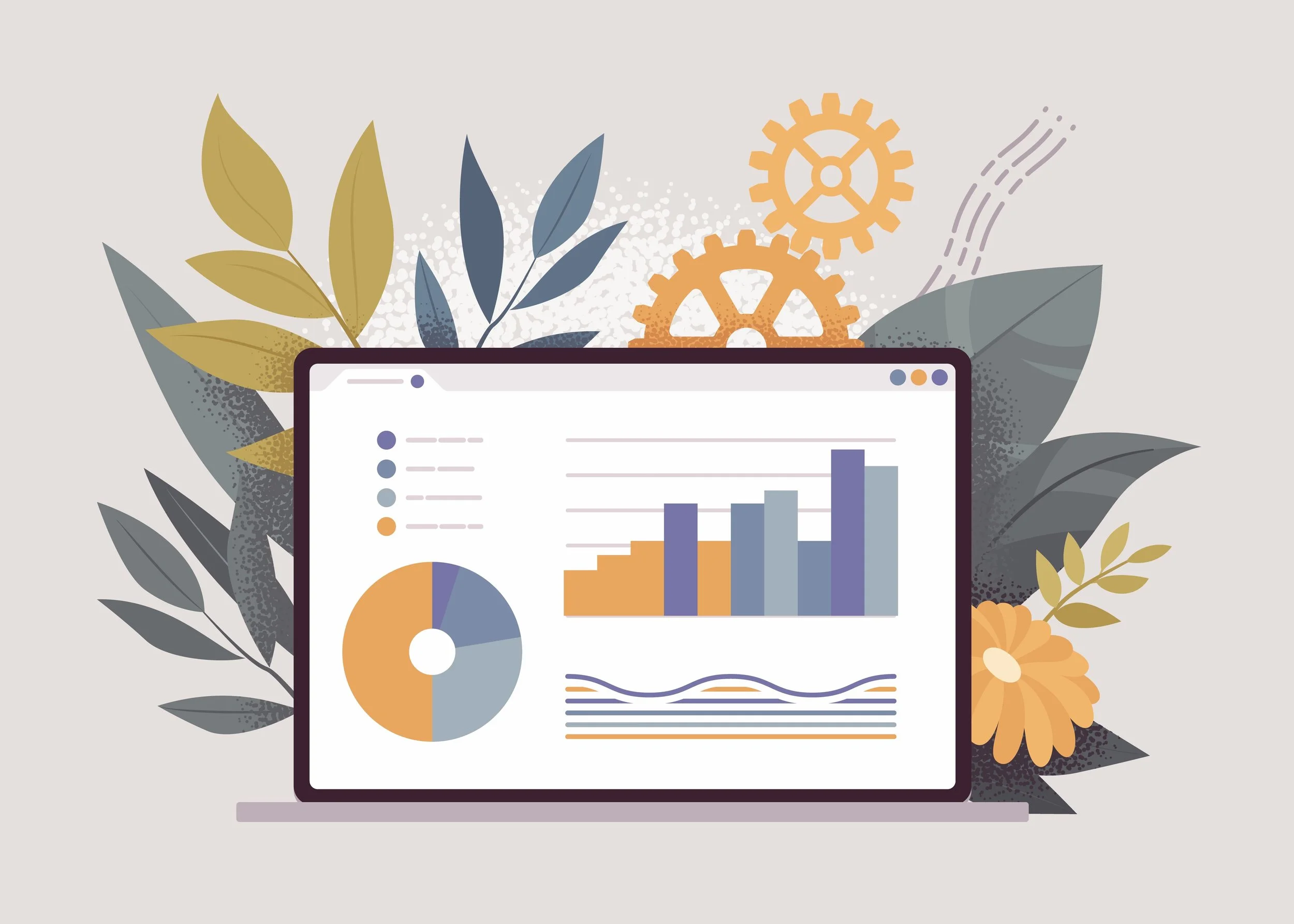 Un ordinateur portable affichant des graphiques et des diagrammes, entouré de feuilles et de fleurs dans un style artistique