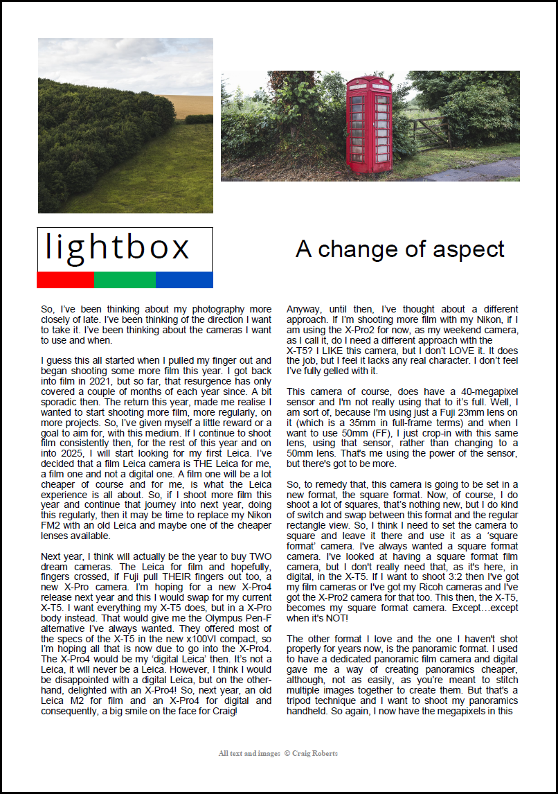 A collage featuring a landscape with greenery and a phone booth, alongside an article titled 'lightbox' discussing photography equipment and approaches.
