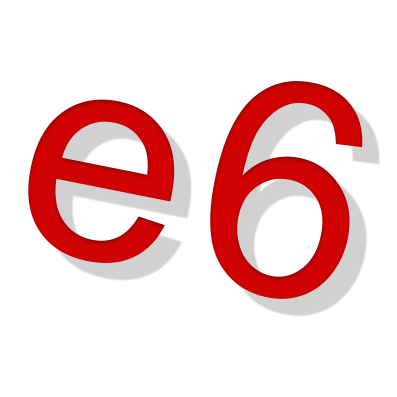 Red lowercase letter 'e' followed by red number '6' on a black background