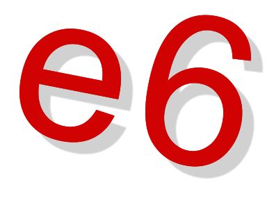 Red lowercase letter 'e' and number '6' with shadows on a white background.