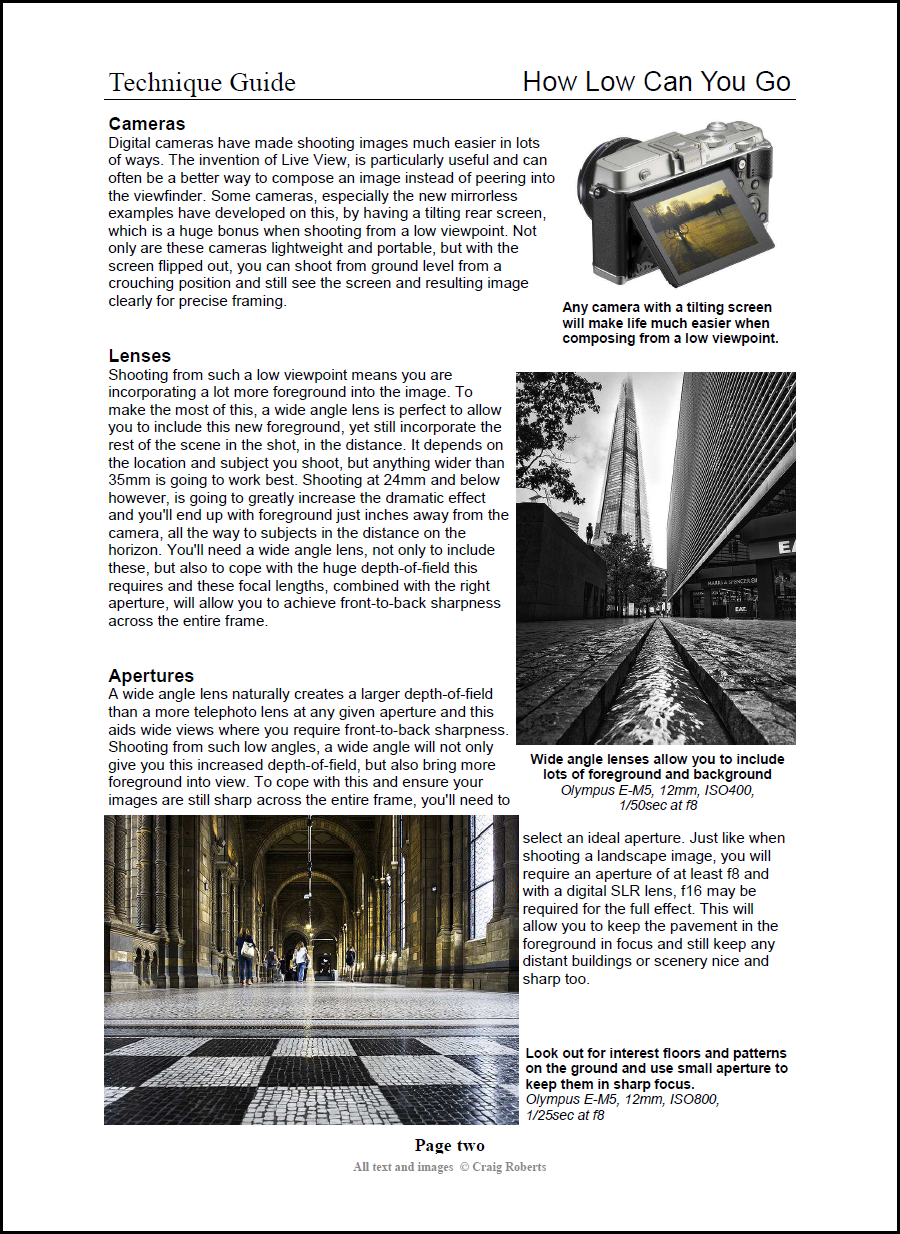A two-page technique guide about low-cost photography tips, including sections on cameras, lenses, and apertures, with example images of cityscapes and architectural interiors.