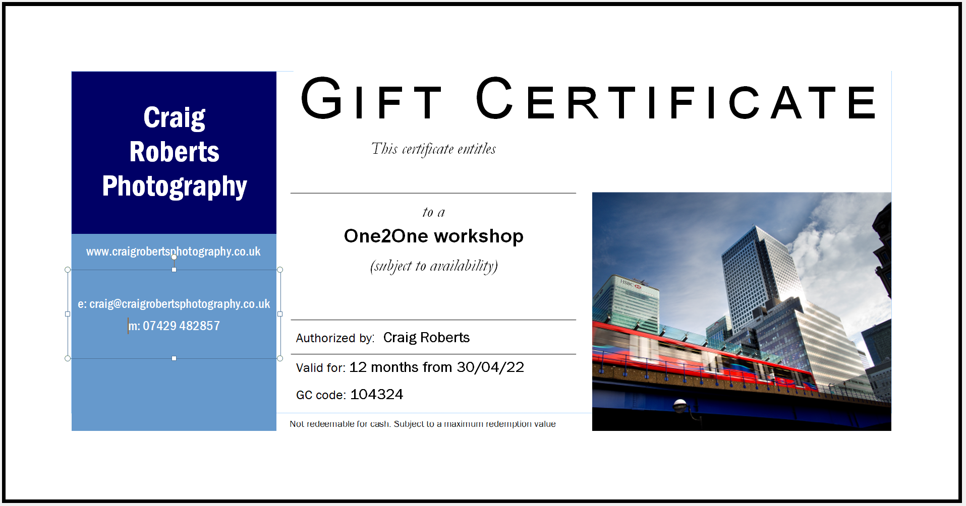 Gift certificate titled 'Craig Roberts Photography' with a photo of city buildings and a train, and contact details including website, email, and phone number.