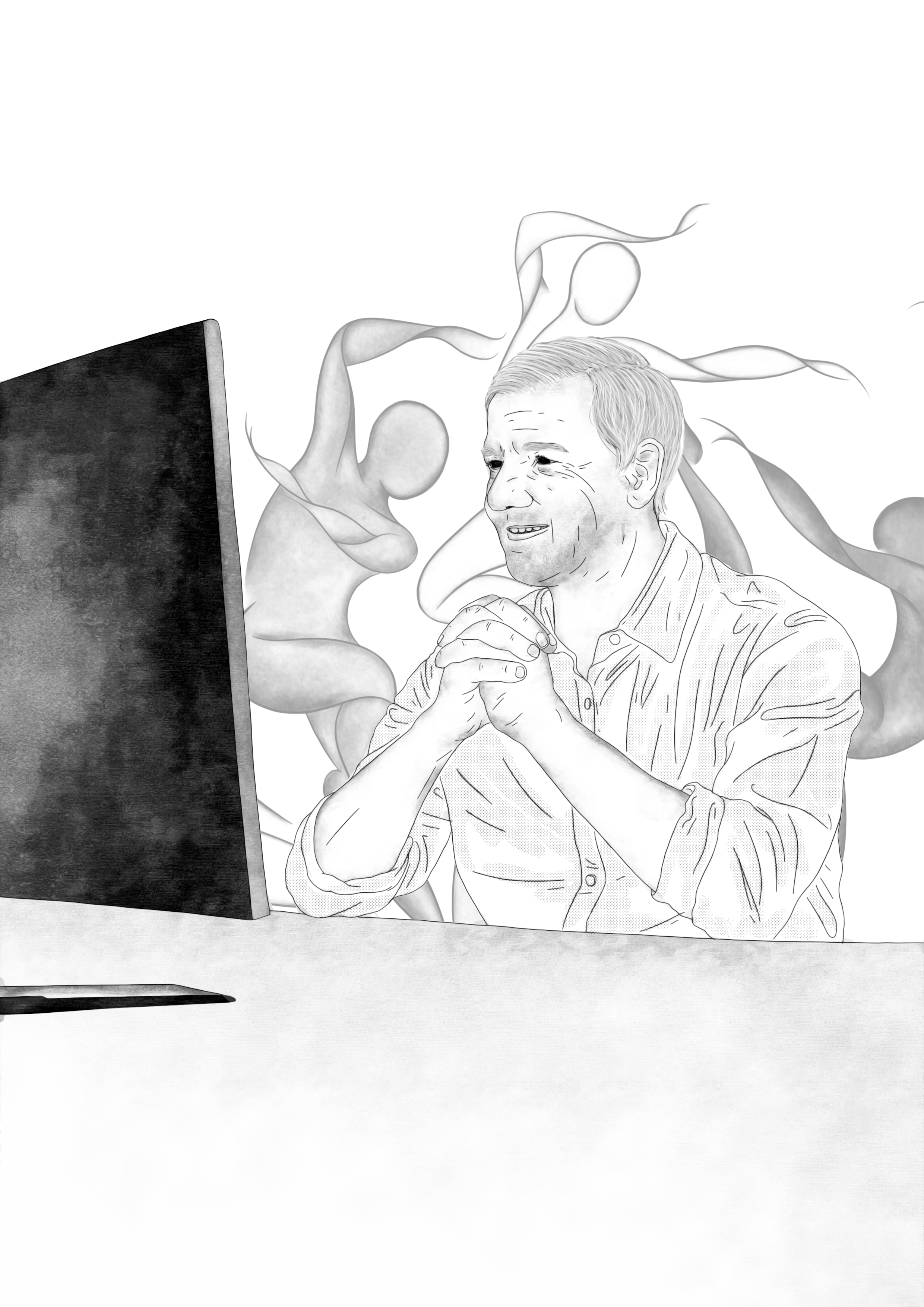 A grayscale digital drawing of a man with a relaxed expression sitting with his hands clasped, looking at a computer monitor. Surrounding him are abstract, swirling figures that resemble faceless humanoid shapes with elongated bodies and limbs, some holding or interacting with spheres. The overall scene is stylized and surreal.