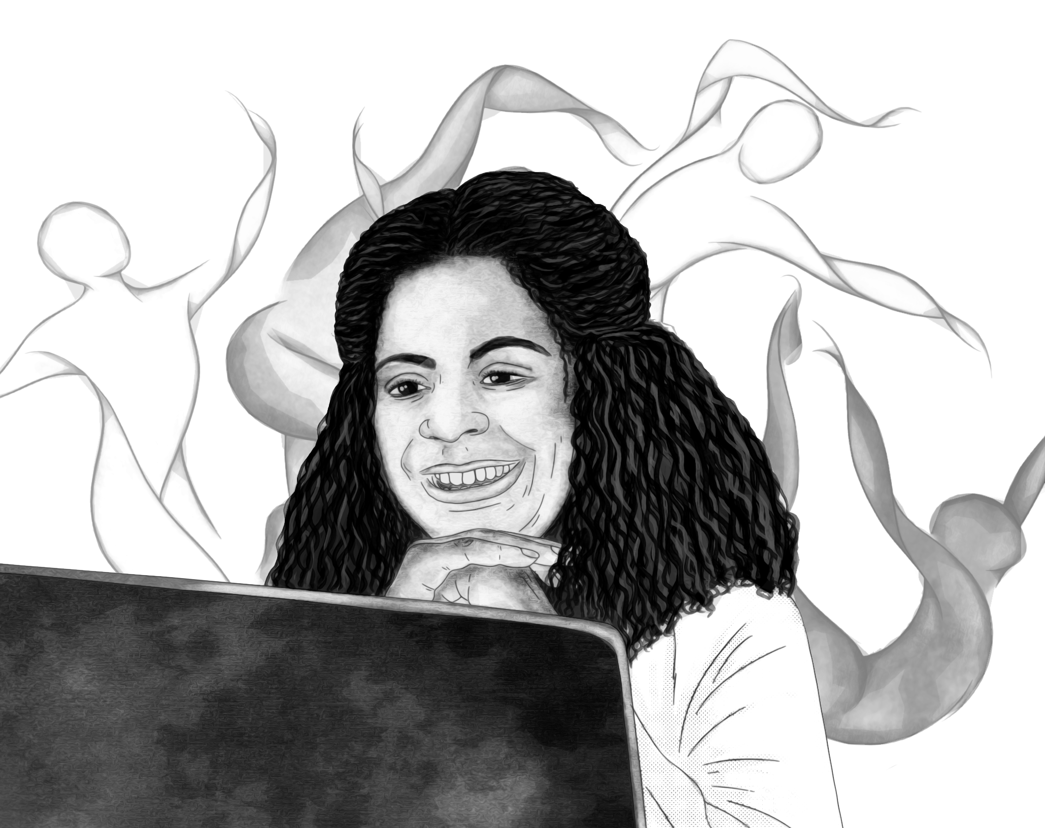 A young woman with curly dark hair is smiling while looking at a laptop. She is surrounded by stylized illustrations of swan-like birds.