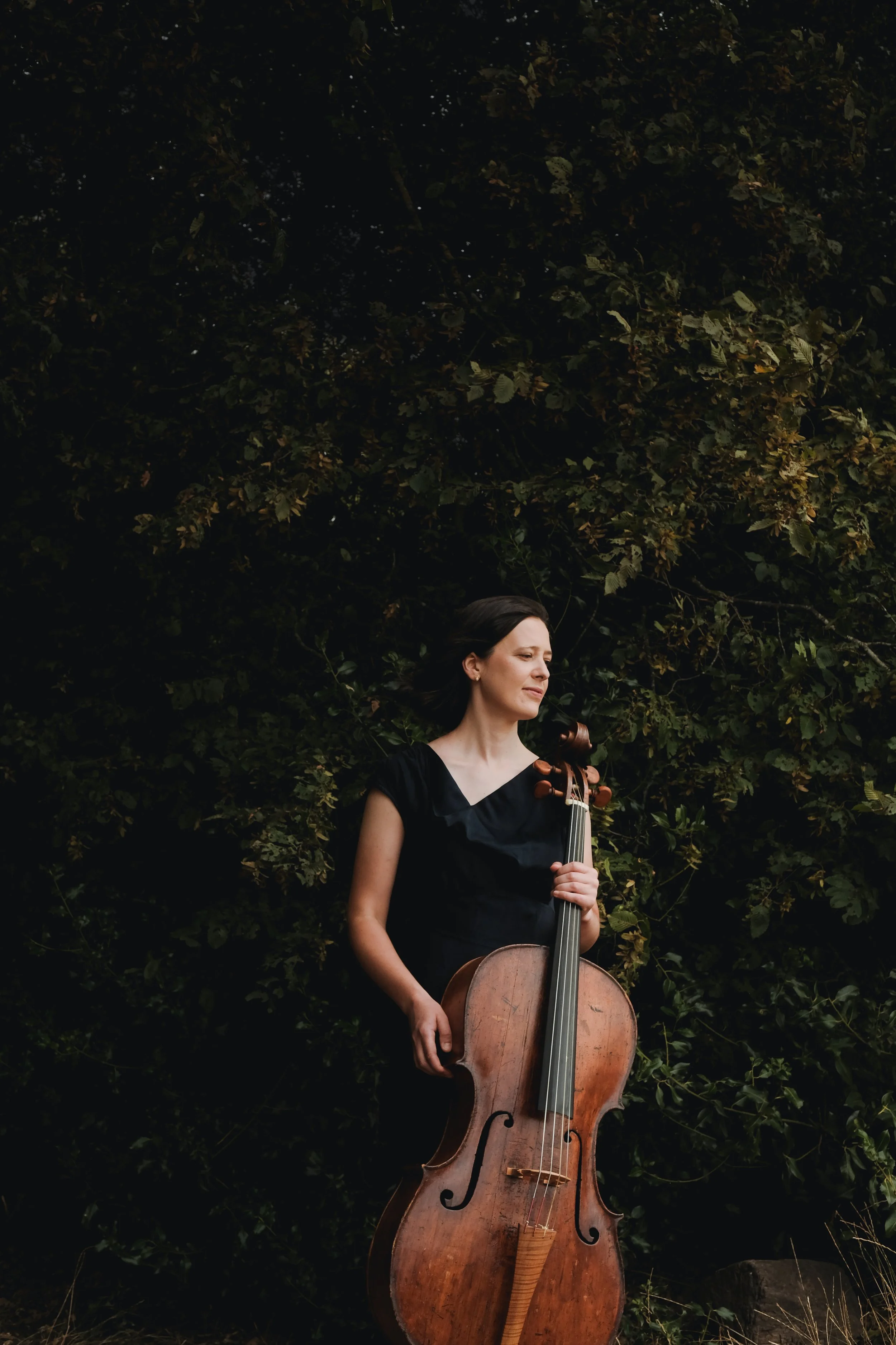 A woman in a black dress playing a cello outdoors, standing in front of a dense, dark green leafy background.