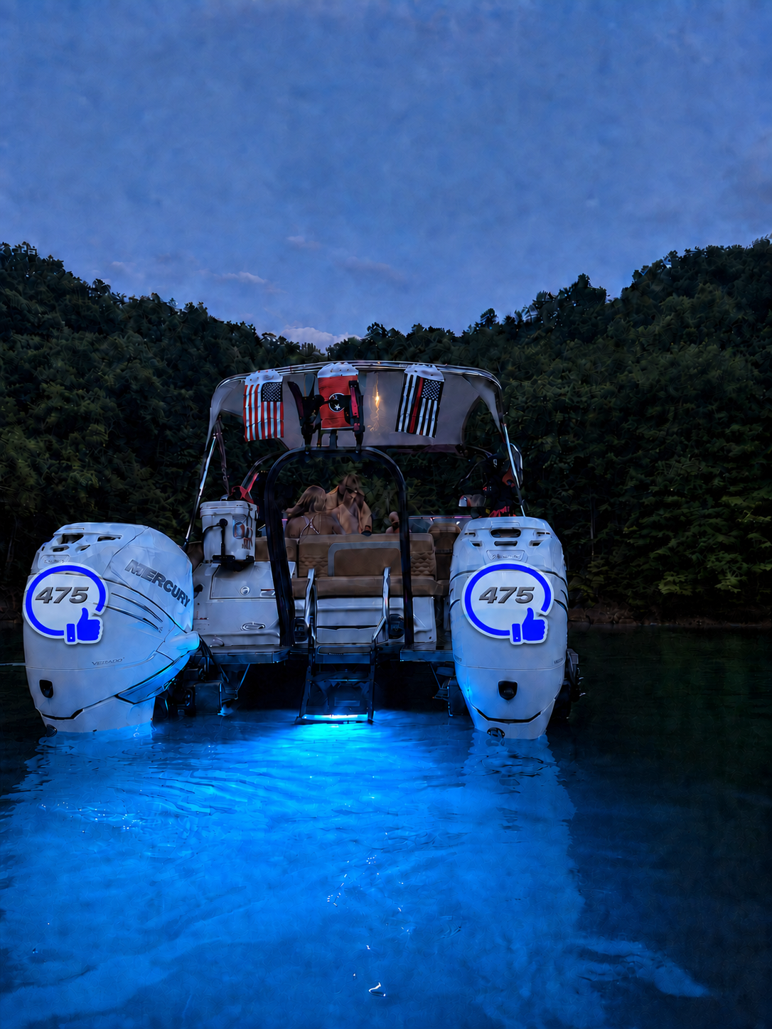 Twin 475-horsepower outboards with blue lighting, blue circles, and thumbs-up icons