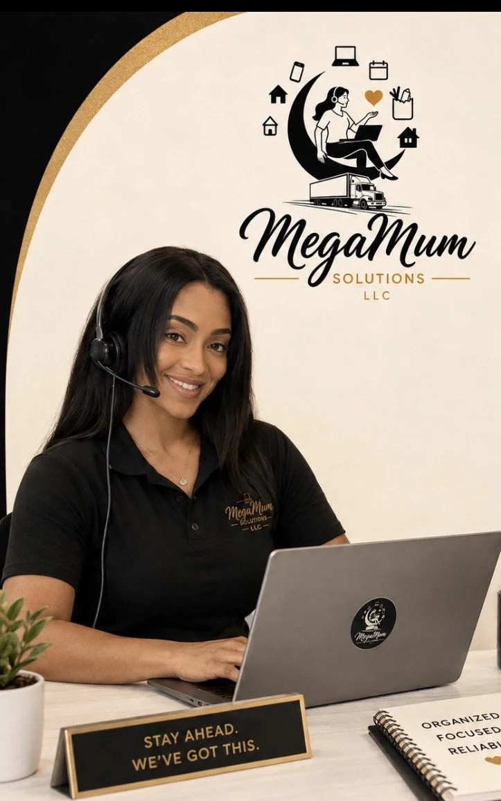A woman with long black hair wearing a black polo shirt and headset sitting at a desk with a silver laptop, in front of a banner reading 'MegaMum Solutions LLC' with icons of a woman working on a laptop, house, truck, and other symbols. There is a small potted plant, a sign that says 'Stay ahead. We've got this.', and a notebook with the words 'Organized, Focused, Reliable'.