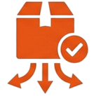 Orange open cardboard box with a checkmark on a circular sticker and arrows indicating content transfer or flow.