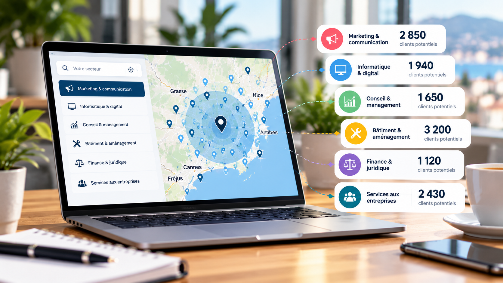 Capture d'écran d'un ordinateur portable affichant une carte avec plusieurs points de localisation et une liste de secteurs d'activité avec le nombre de clients potentiels pour chacun, dans un environnement de bureau avec une tasse de café, un carnet, un stylo et des plantes en arrière-plan.