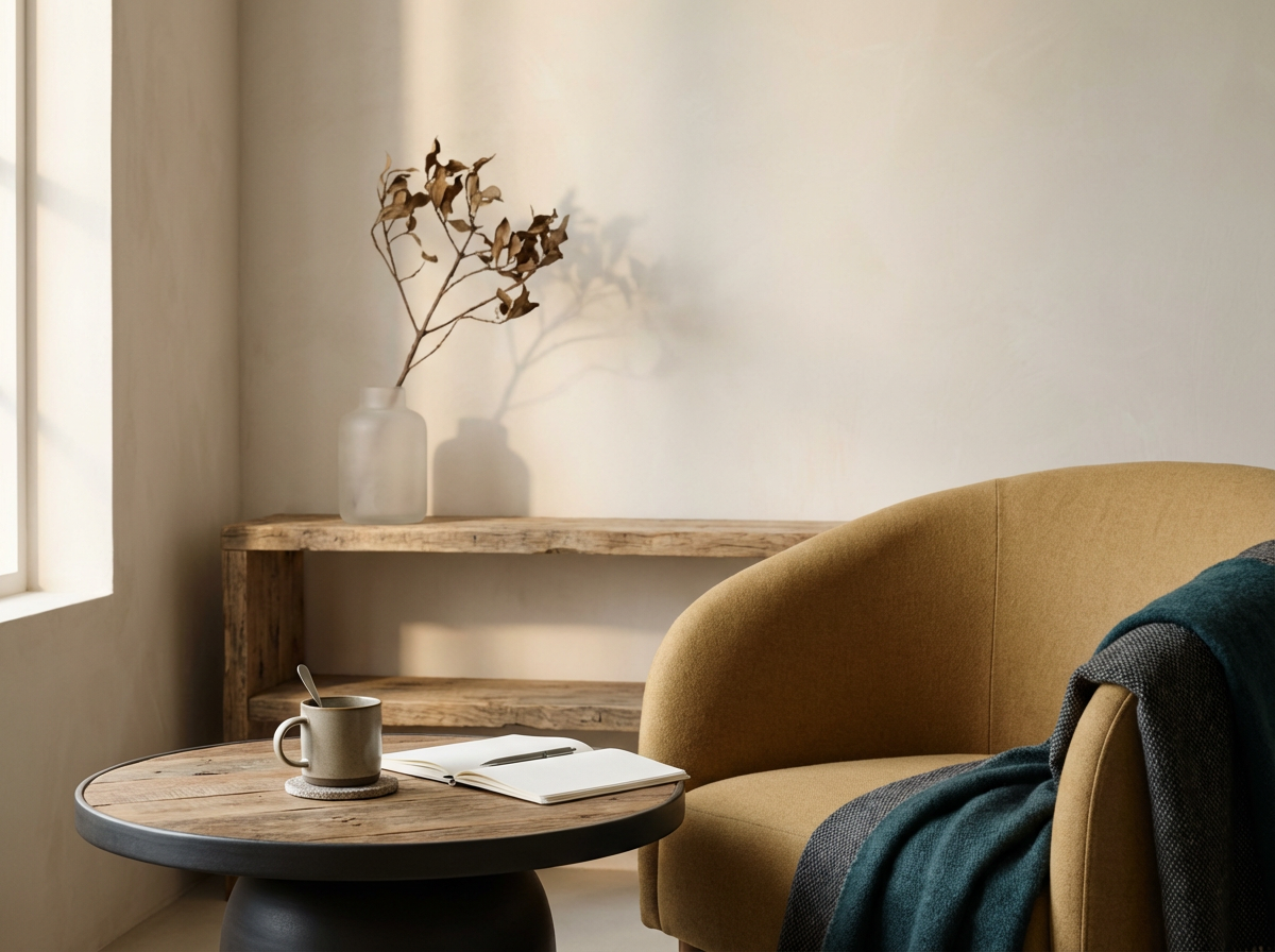 A cozy corner of a room with a round wooden table holding a coffee mug and an open notebook with a pen, next to a mustard-colored armchair with a dark blanket draped over it, and a wooden shelf with a frosted glass vase and dried branches beside a window.