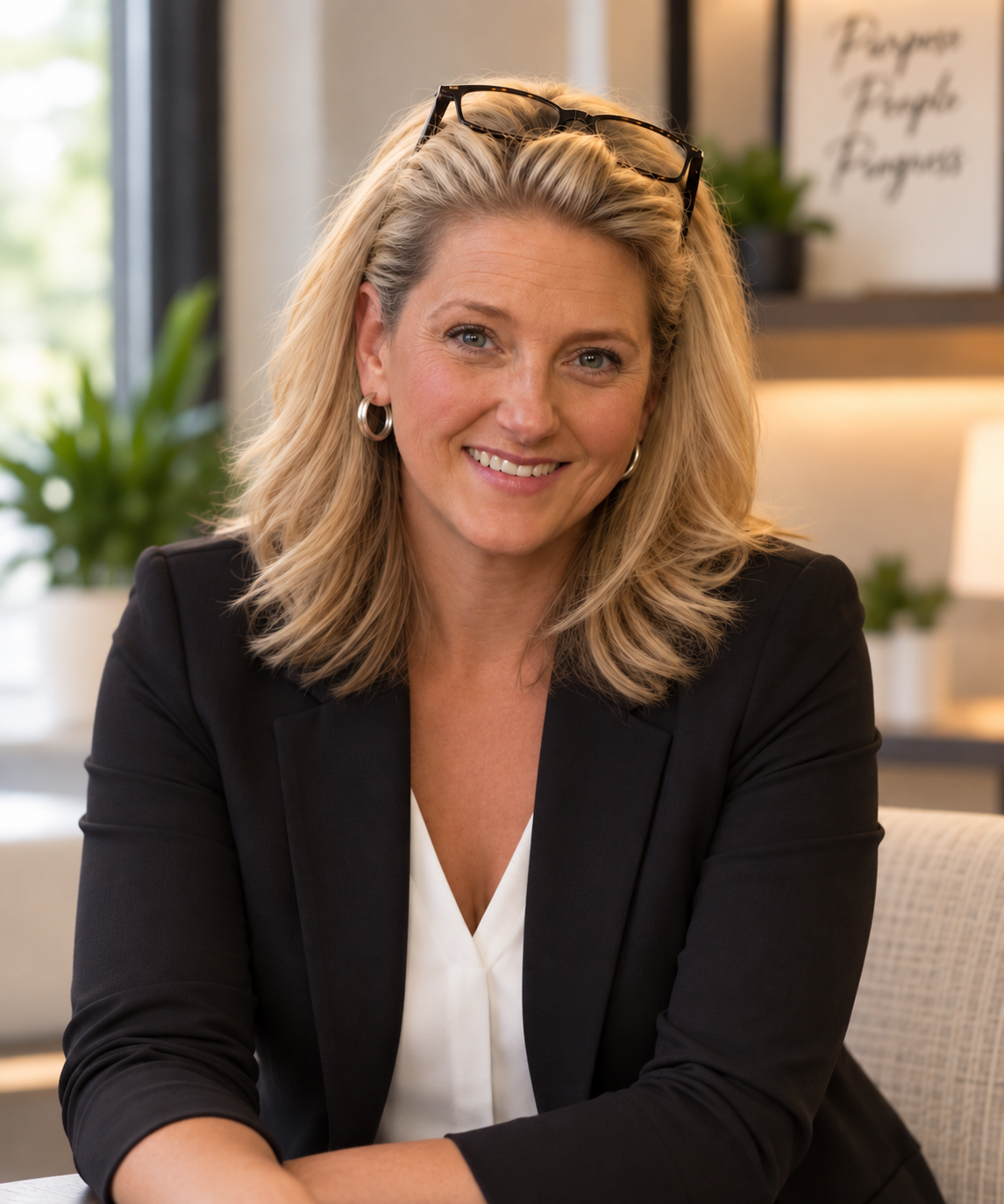 A smiling woman with blonde hair wearing glasses on her head, hoop earrings, a black blazer, and a white top, sitting at a desk in a modern office space.