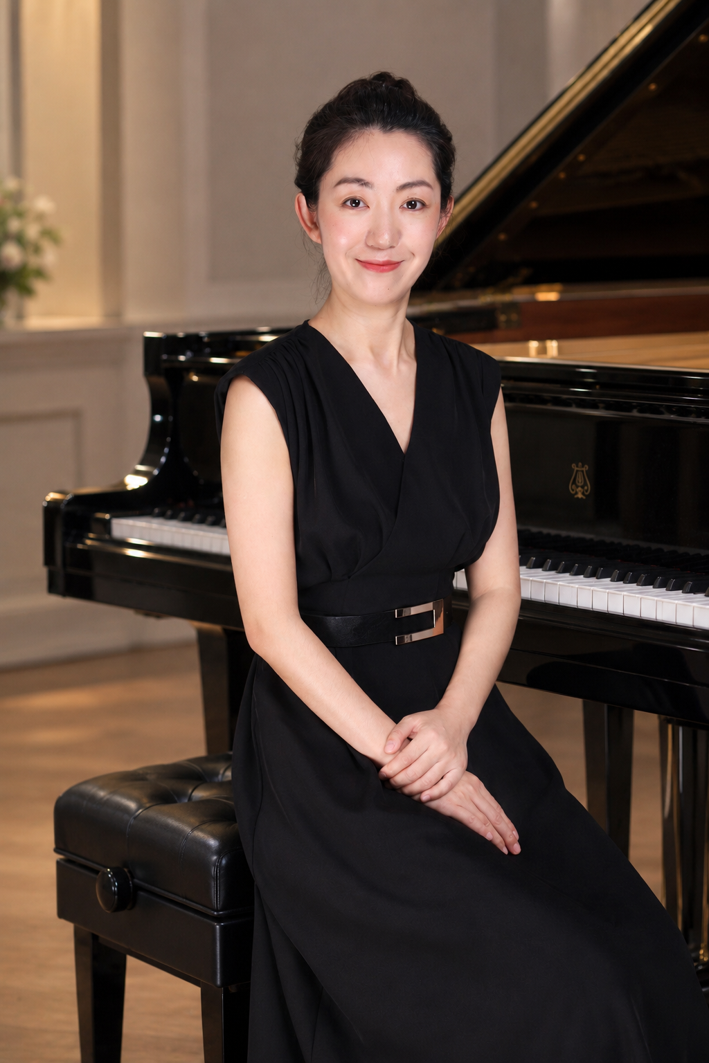 Woman in a black dress seated beside a black grand piano