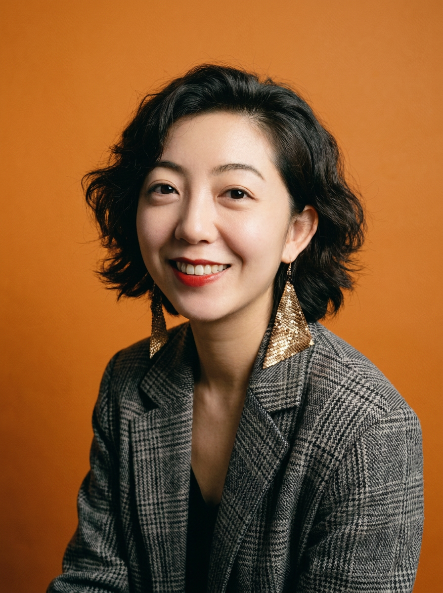 Smiling woman with short curly black hair wearing gold statement earrings and a gray plaid blazer against an orange background